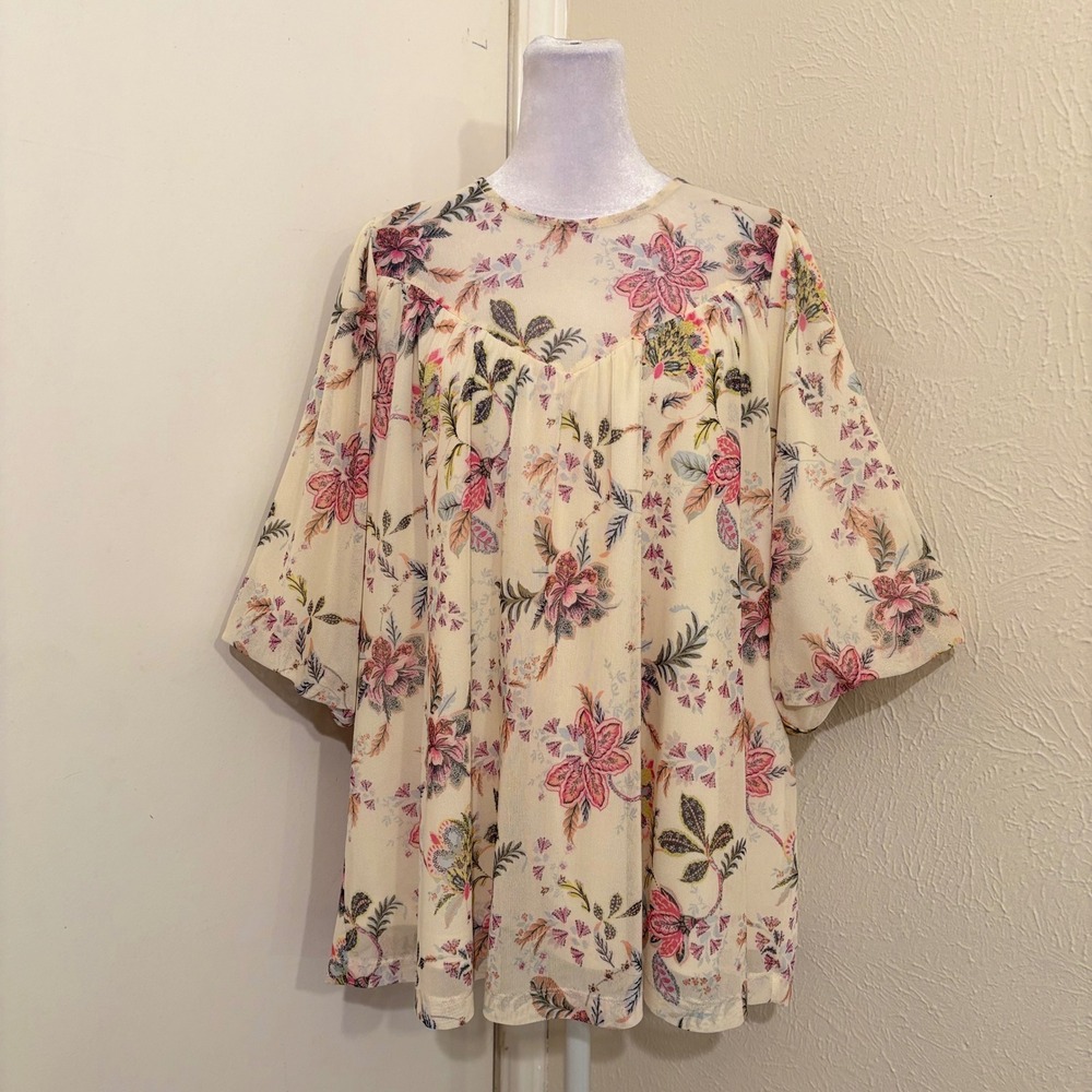 Floral Mesh Puff Sleeve Boho Tunic Peasant Blouse Cream Pink‎ Cottagecore 14/16